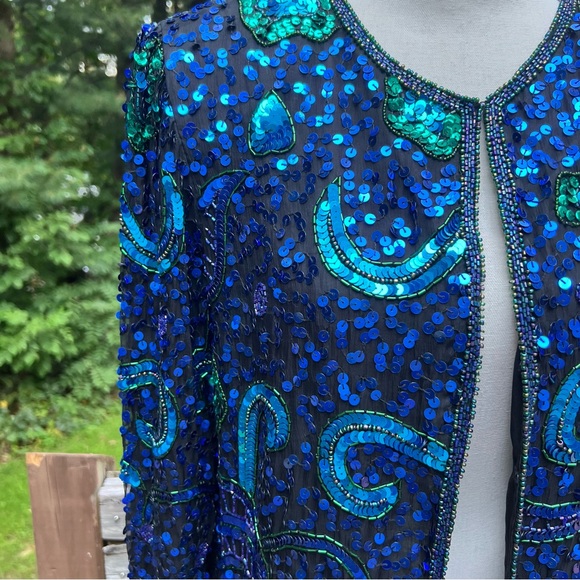 Vintage Laurence Kazar full Sequin and Beaded Blue and Green Silk Blazer Jacket - Picture 5 of 17